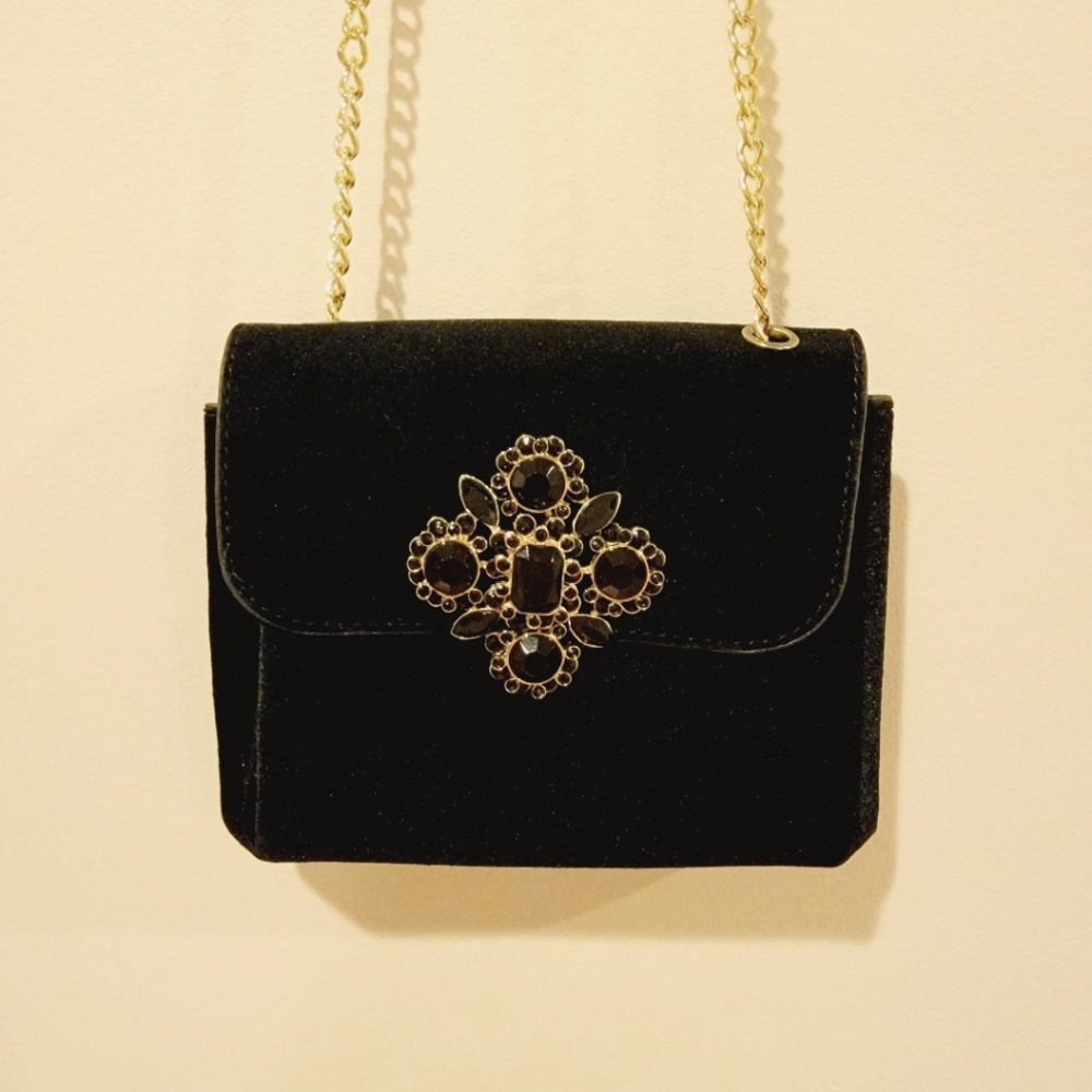 Black Suede Bag with Gold Chain and Rhinestone Closure
